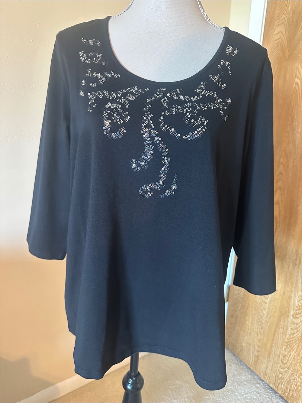 TanJay XL Black Long-Sleeve Top with Sequin Accent